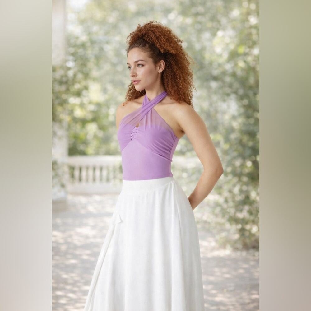 Halara Lavender Sheer Halter Crop Top — Mesh Neck Tie Bustier Style